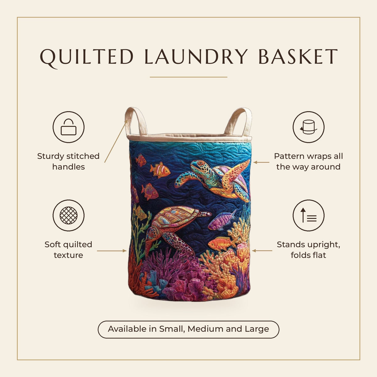 Quilted Laundry Basket - Turtle Bay II features infographic