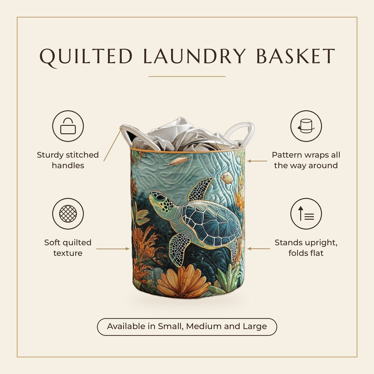 Quilted Laundry Basket - Turtle Bay features infographic