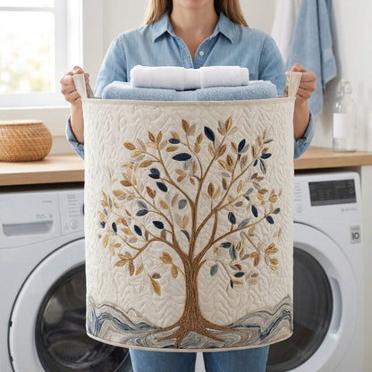Quilted Laundry Basket - Vital Bloom held in a laundry room, filled with towels