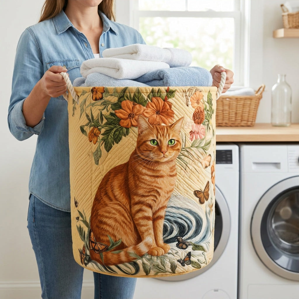 Quilted Laundry Basket - Warm Yellow held in a laundry room, filled with towels
