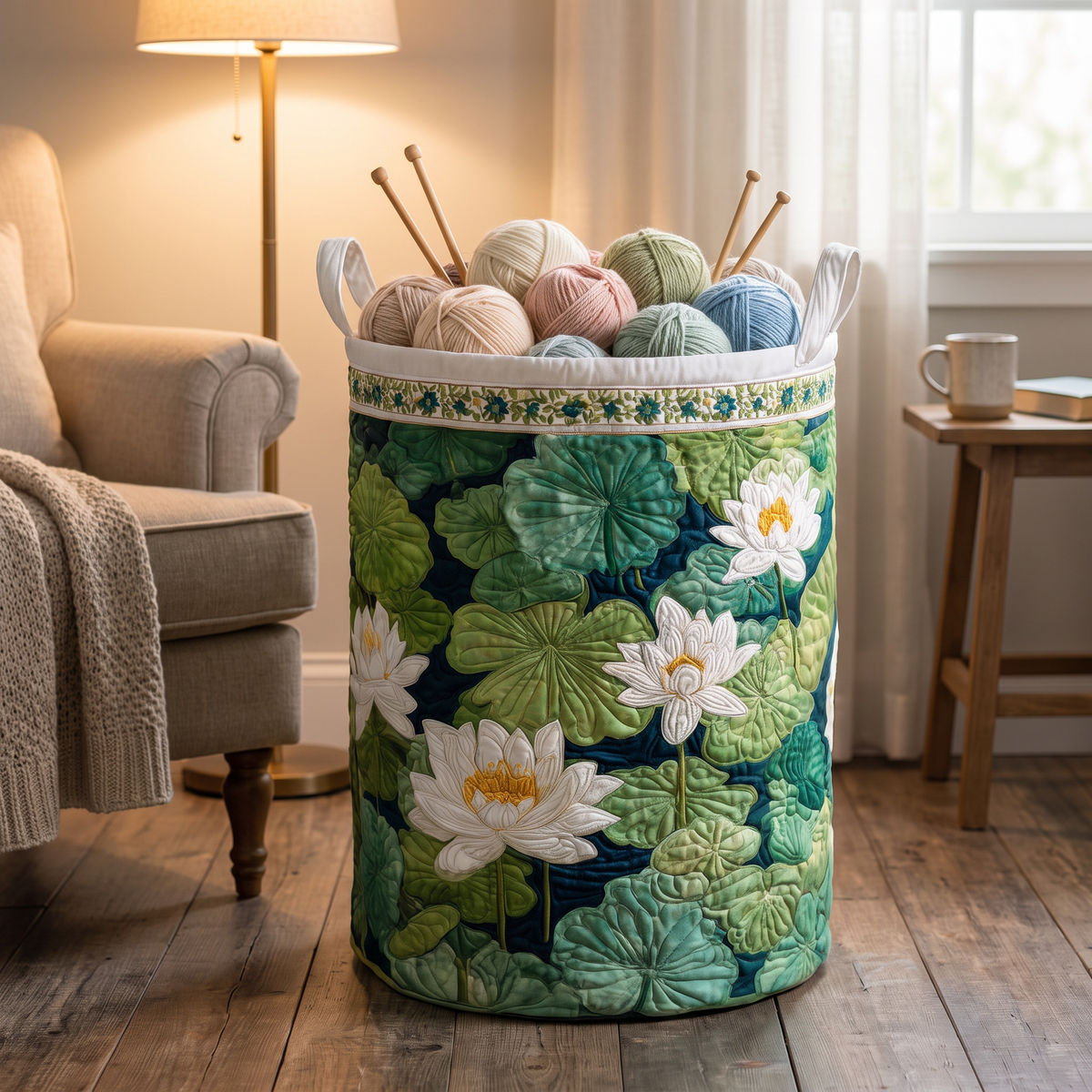 Quilted Laundry Basket - Water Lily Pond