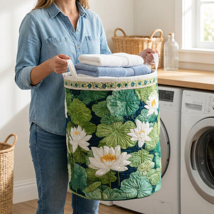 Quilted Laundry Basket - Water Lily Pond held in a laundry room, filled with towels