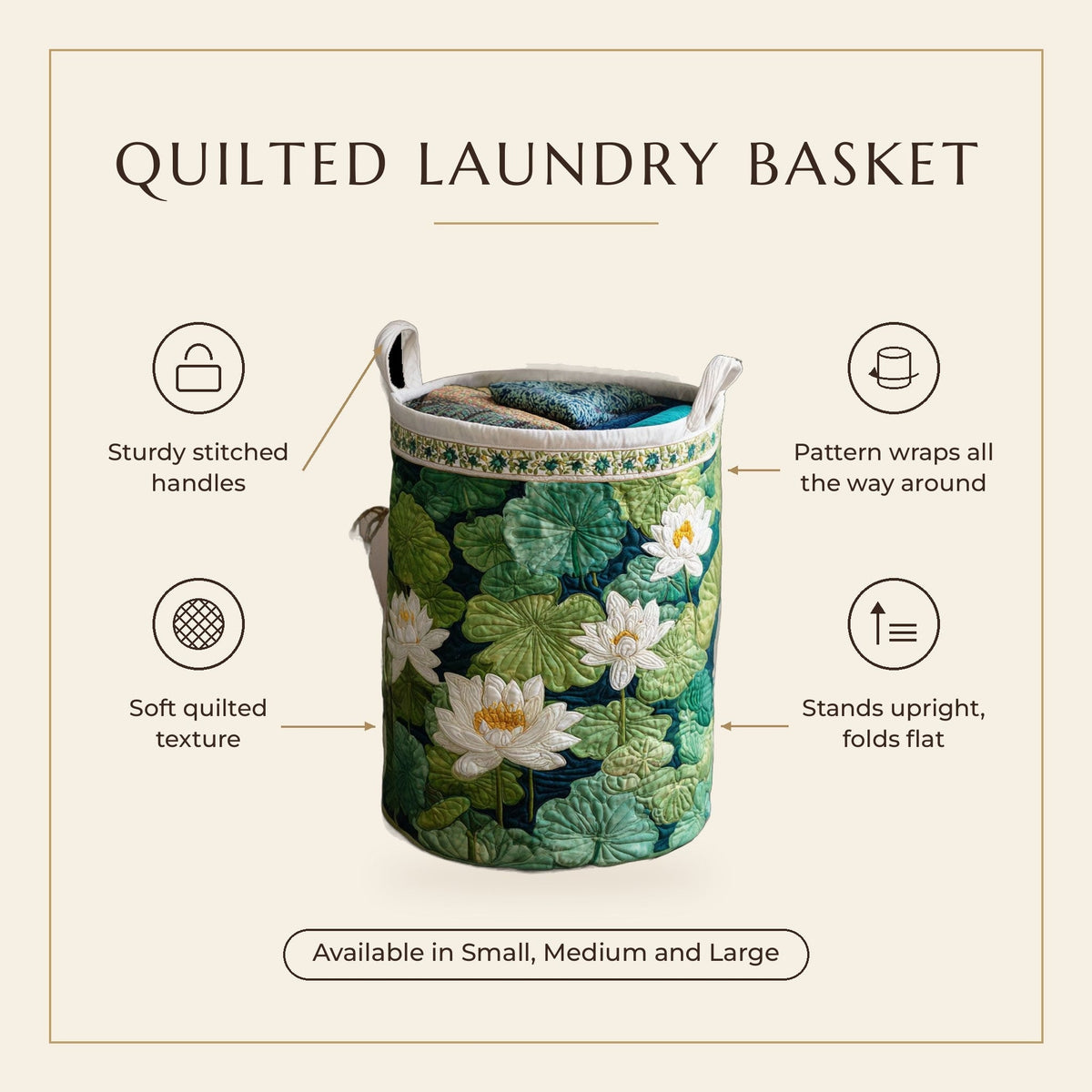 Quilted Laundry Basket - Water Lily Pond features infographic