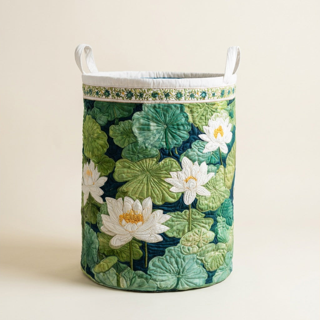 Quilted Laundry Basket - Water Lily Pond, studio photo