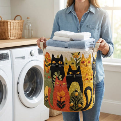 Quilted Laundry Basket - Whisker Corner held in a laundry room, filled with towels