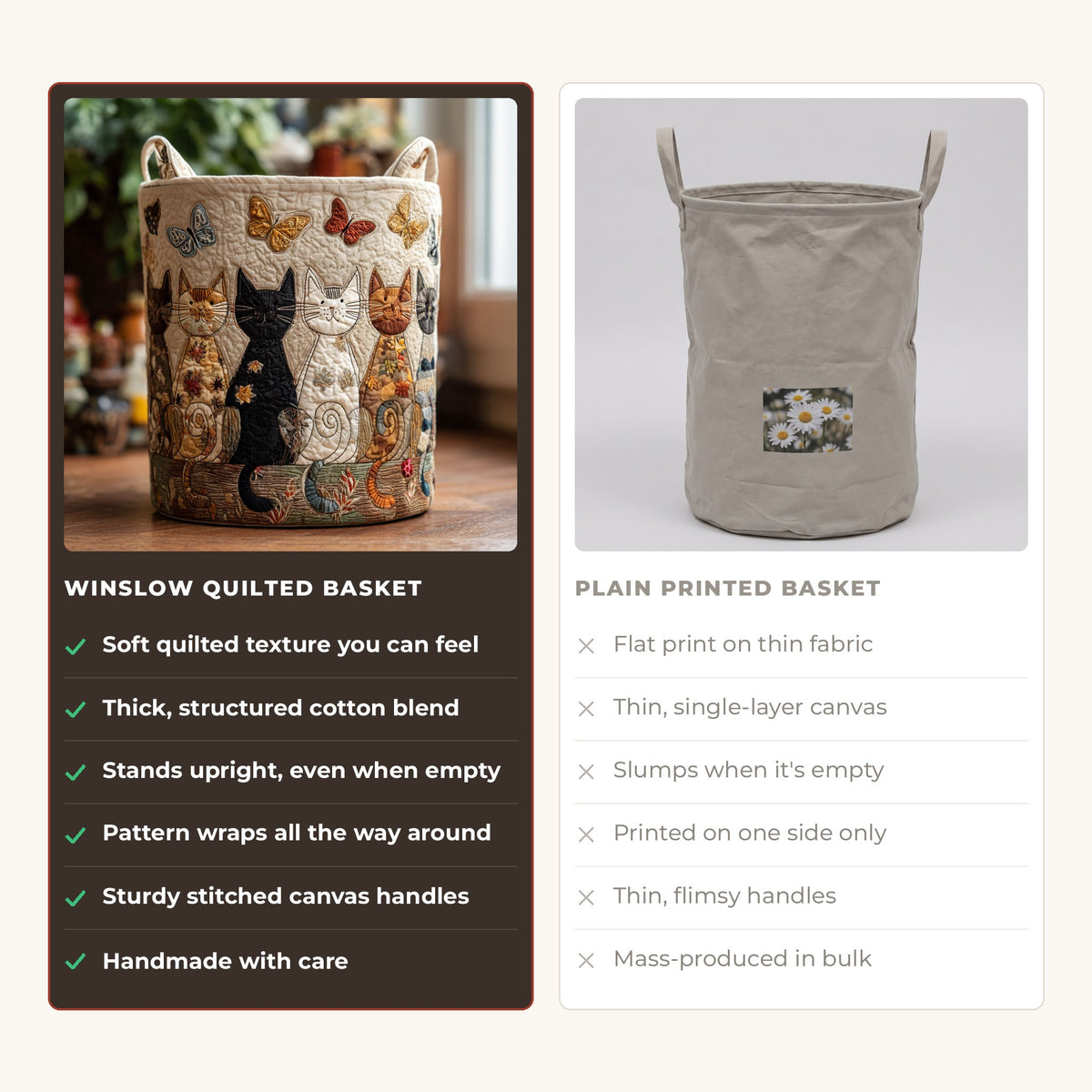 Quilted Laundry Basket - Whiskers compared with a plain printed basket