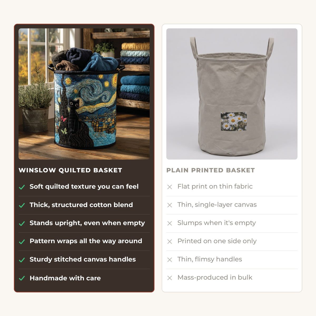 Quilted Laundry Basket - Whiskers in the Wind compared with a plain printed basket