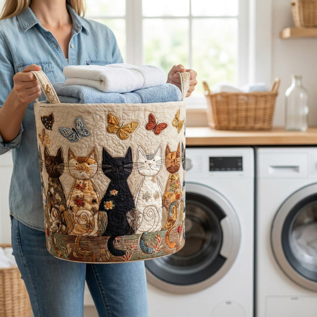 Quilted Laundry Basket - Whiskers held in a laundry room, filled with towels