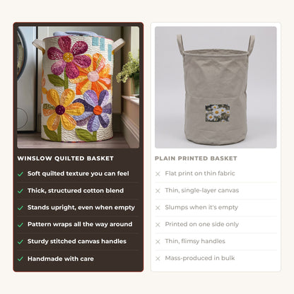 Quilted Laundry Basket - Wildflower Dance compared with a plain printed basket