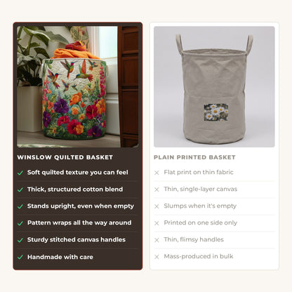 Quilted Laundry Basket - Wings and Flowers compared with a plain printed basket