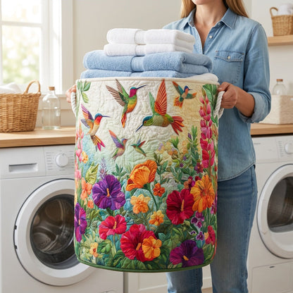 Quilted Laundry Basket - Wings and Flowers held in a laundry room, filled with towels