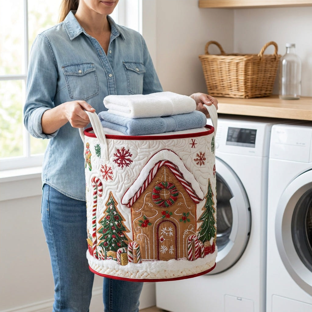 Quilted Laundry Basket - Winter Spirit held in a laundry room, filled with towels