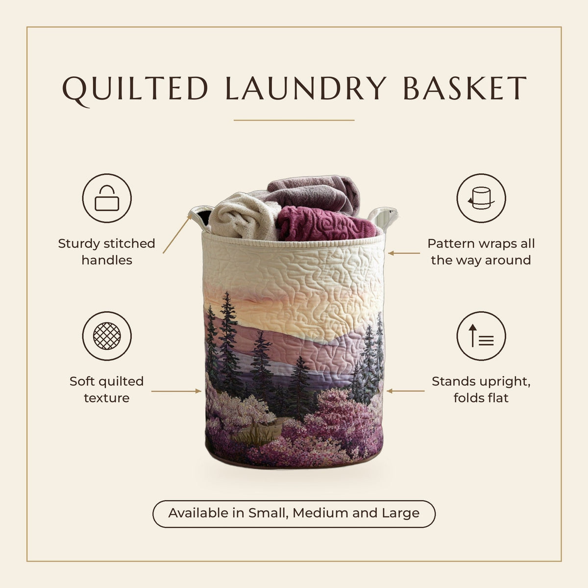Quilted Laundry Basket - Wisteria Winds features infographic