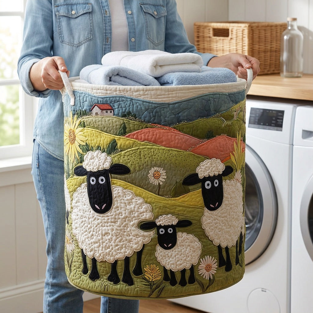Quilted Laundry Basket - Wool Look held in a laundry room, filled with towels