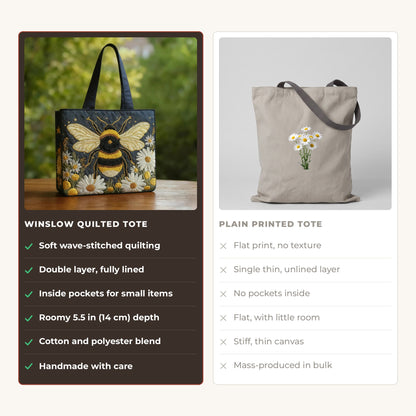 Quilted Tote Bag - Bee and Daisies compared with a plain printed tote