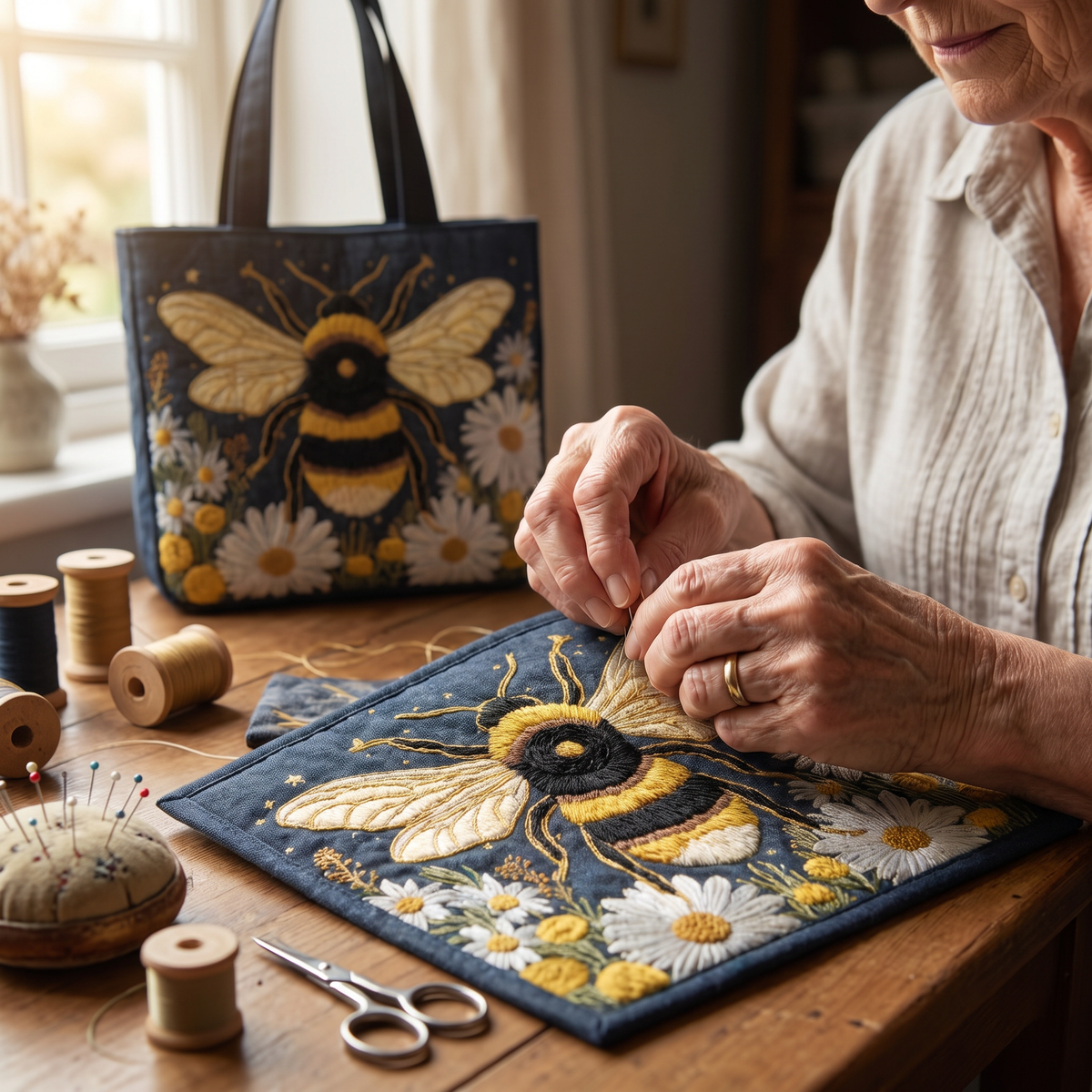 Quilted Tote Bag - Bee and Daisies