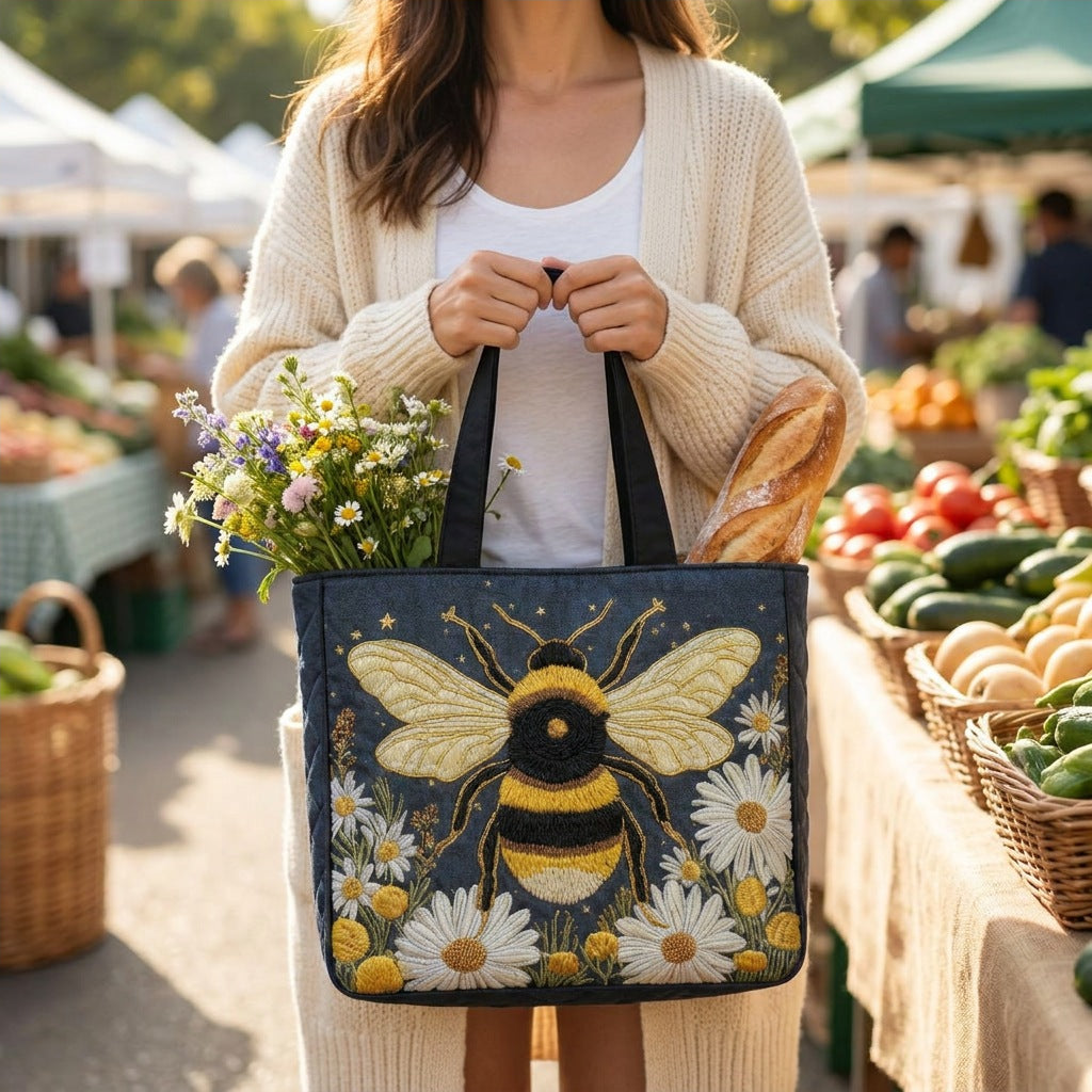 Quilted Tote Bag - Bee and Daisies carried at a farmers market