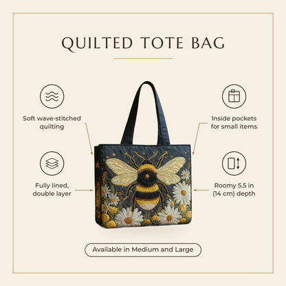 Quilted Tote Bag - Bee and Daisies features infographic