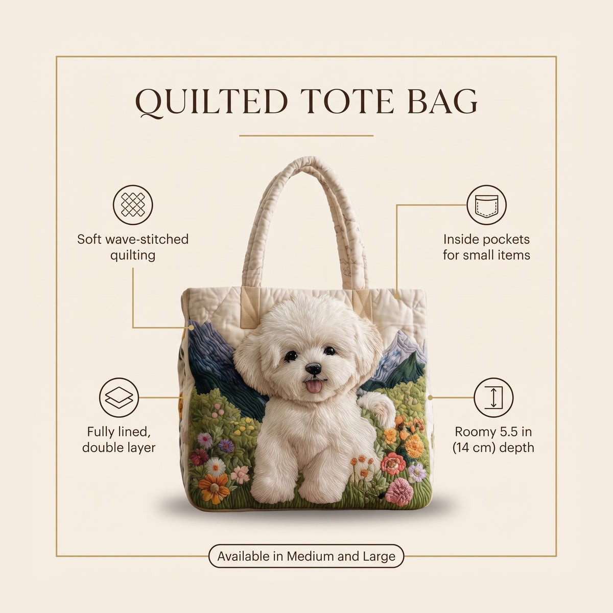 Quilted Tote Bag - Bichon Frise features infographic