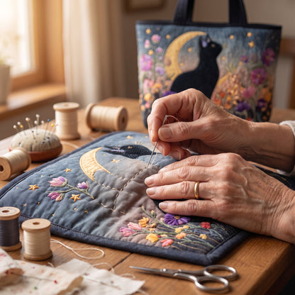 Quilted Tote Bag - Black Cat and Crescent Moon