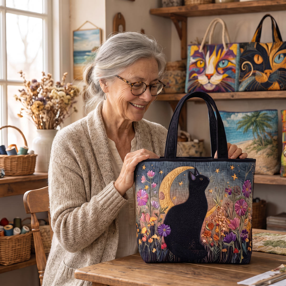 Quilted Tote Bag - Black Cat and Crescent Moon