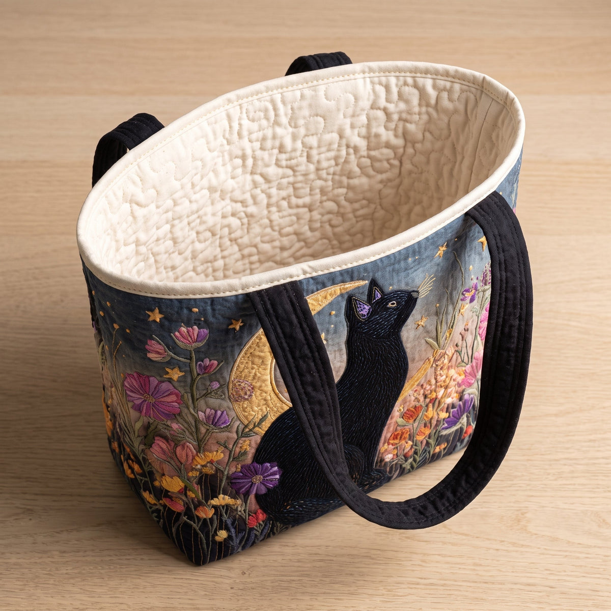 Quilted Tote Bag - Black Cat and Crescent Moon