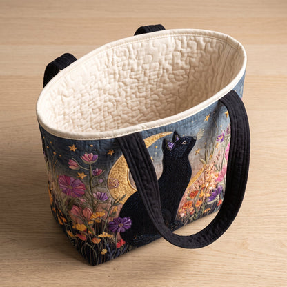Quilted Tote Bag - Black Cat and Crescent Moon