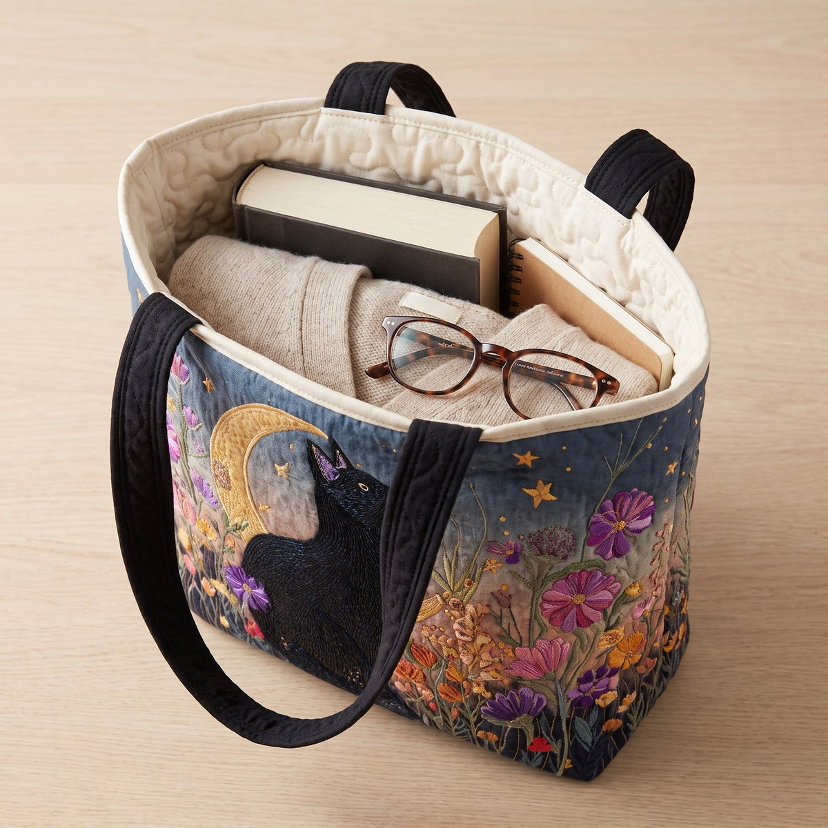 Quilted Tote Bag - Black Cat and Crescent Moon