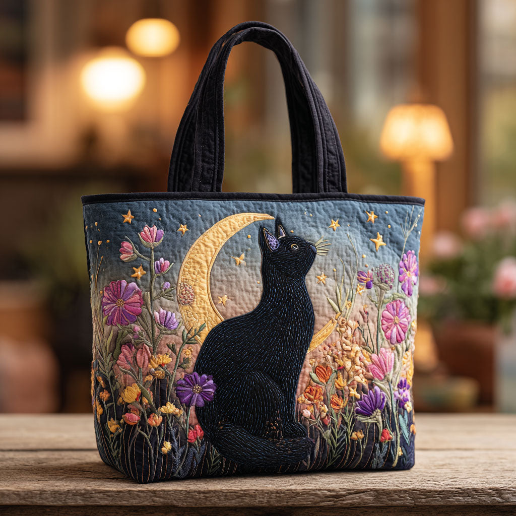 Quilted Tote Bag - Black Cat and Crescent Moon