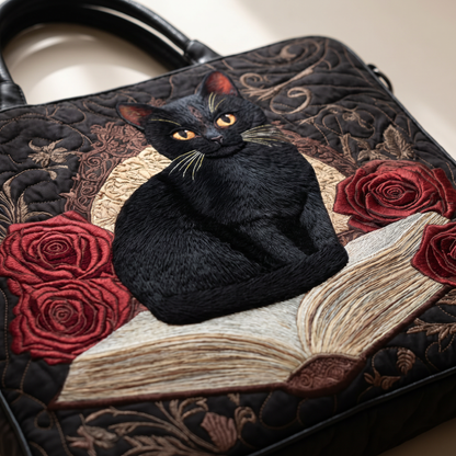 Quilted Tote Bag - Black Cat and Red Roses