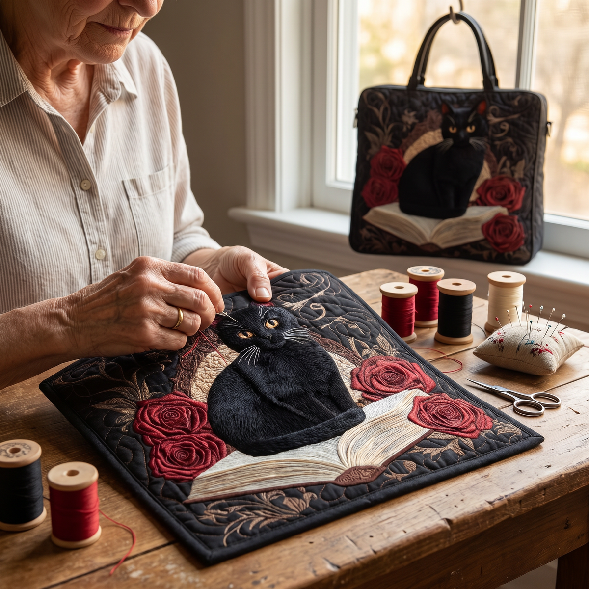 Quilted Tote Bag - Black Cat and Red Roses