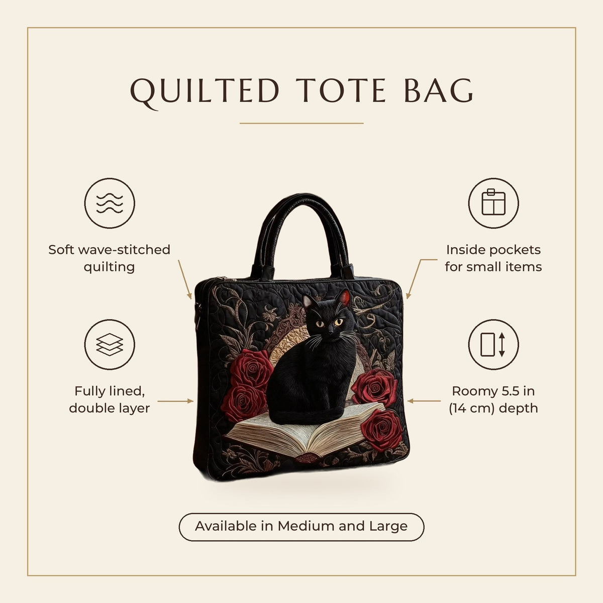Quilted Tote Bag - Black Cat and Red Roses features infographic