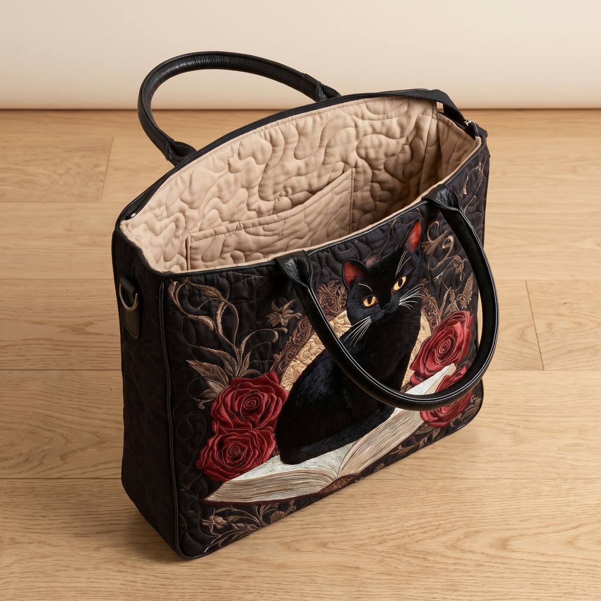 Quilted Tote Bag - Black Cat and Red Roses
