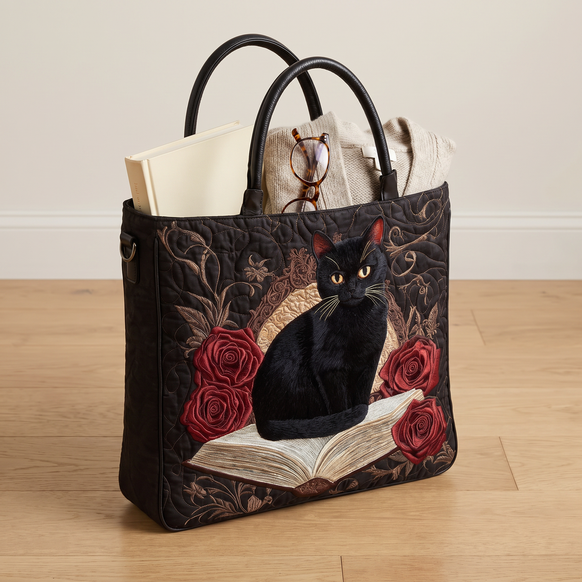 Quilted Tote Bag - Black Cat and Red Roses