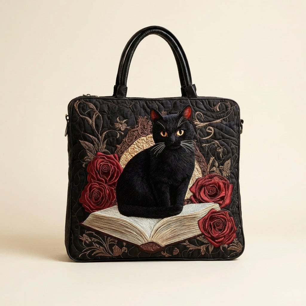Quilted Tote Bag - Black Cat and Red Roses, studio photo