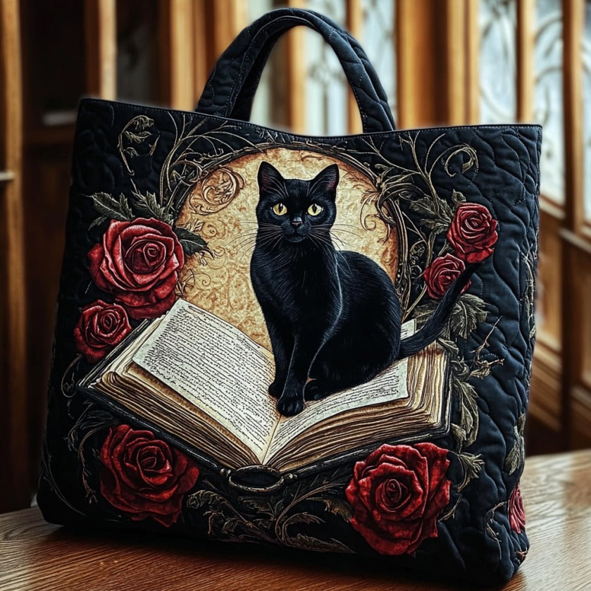 Quilted Tote Bag - Black Cat on an Open Book