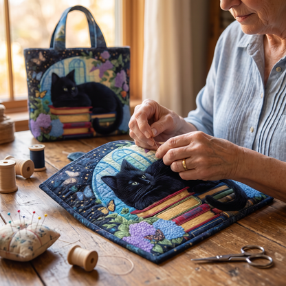 Quilted Tote Bag - Black Cat on Books