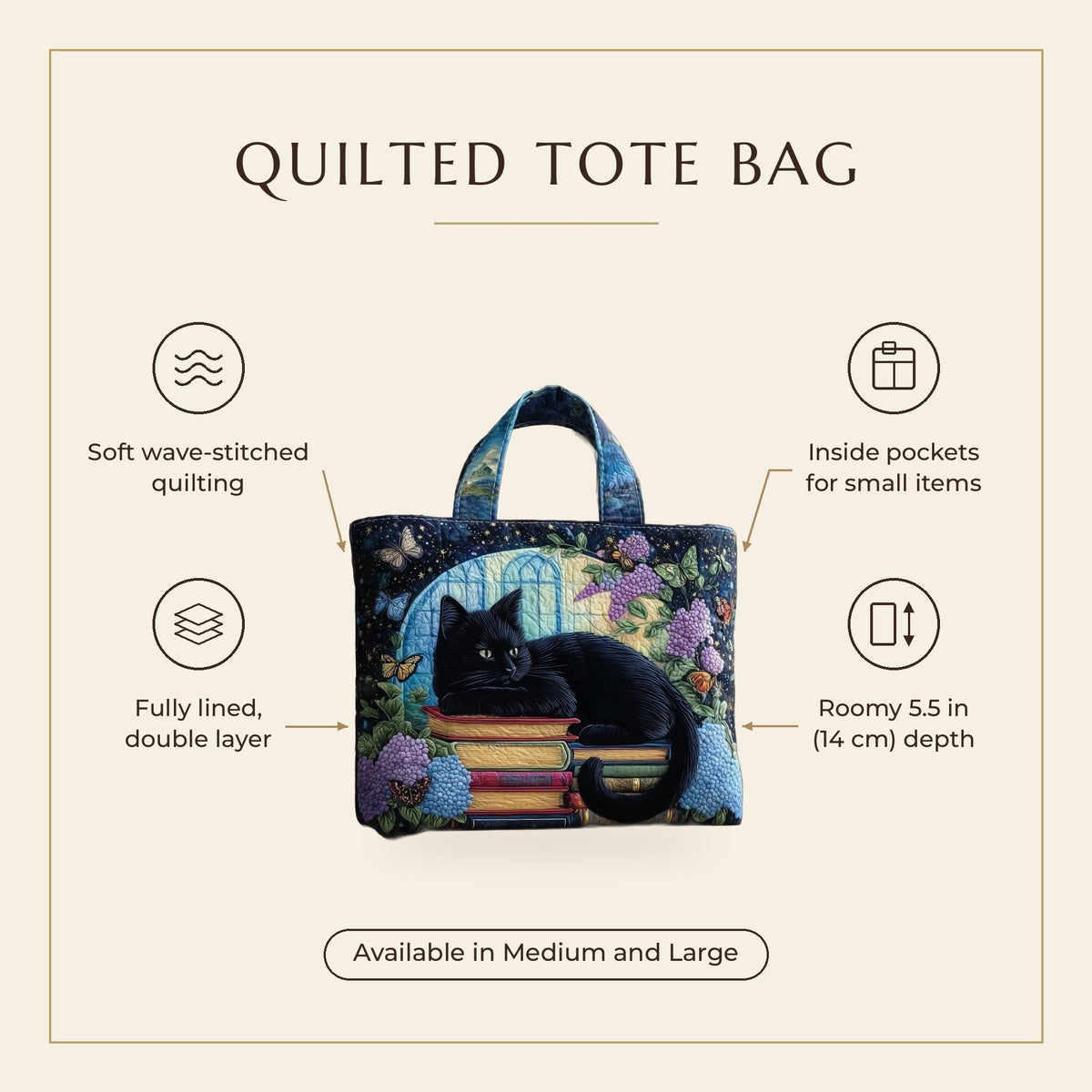 Quilted Tote Bag - Black Cat on Books features infographic