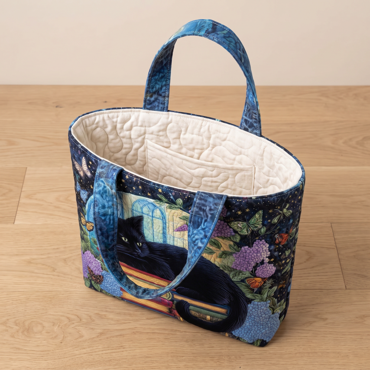 Quilted Tote Bag - Black Cat on Books