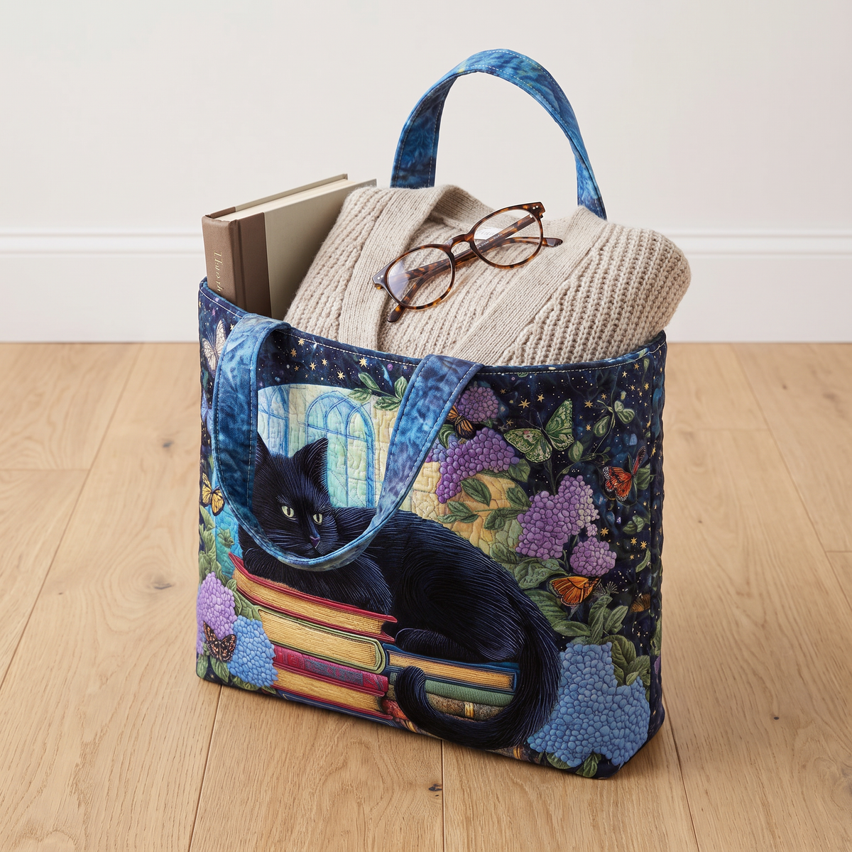 Quilted Tote Bag - Black Cat on Books