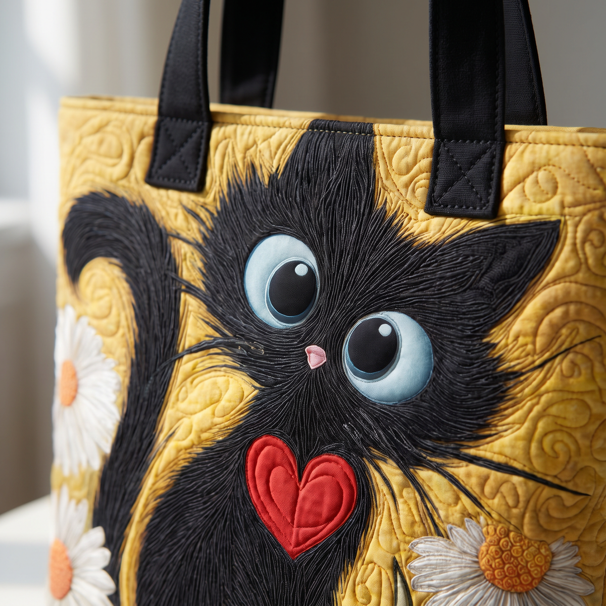 Quilted Tote Bag - Black Cat with Daisies