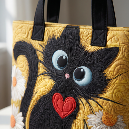 Quilted Tote Bag - Black Cat with Daisies