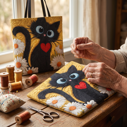 Quilted Tote Bag - Black Cat with Daisies