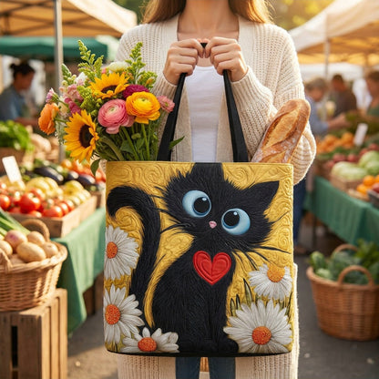 Quilted Tote Bag - Black Cat with Daisies carried at a farmers market