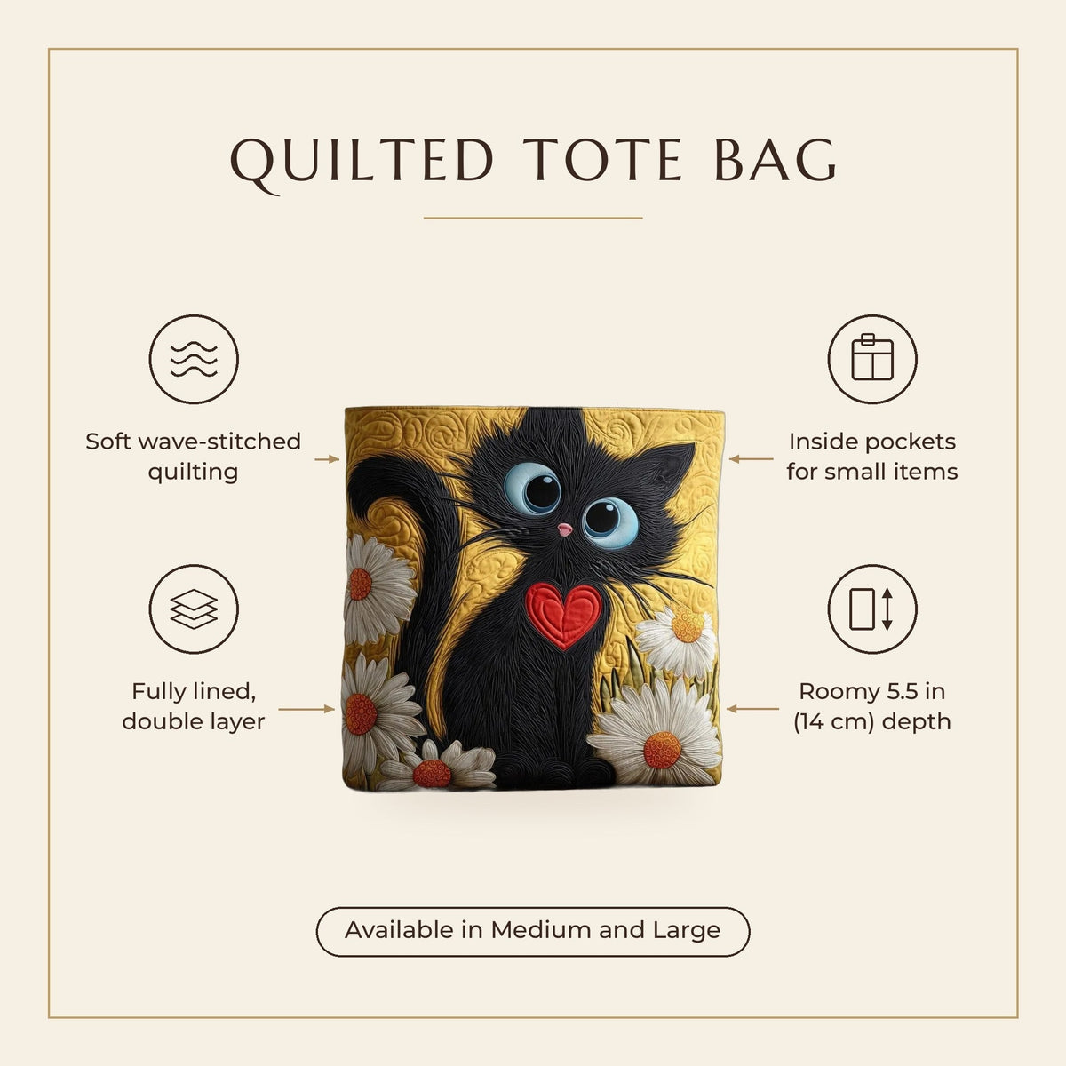 Quilted Tote Bag - Black Cat with Daisies features infographic