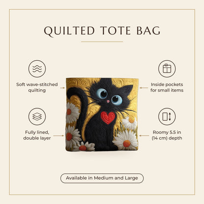 Quilted Tote Bag - Black Cat with Daisies features infographic