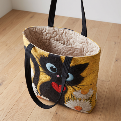 Quilted Tote Bag - Black Cat with Daisies