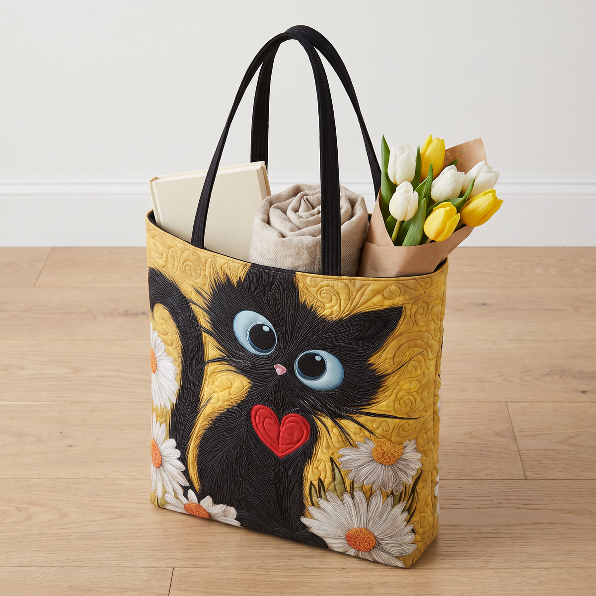 Quilted Tote Bag - Black Cat with Daisies