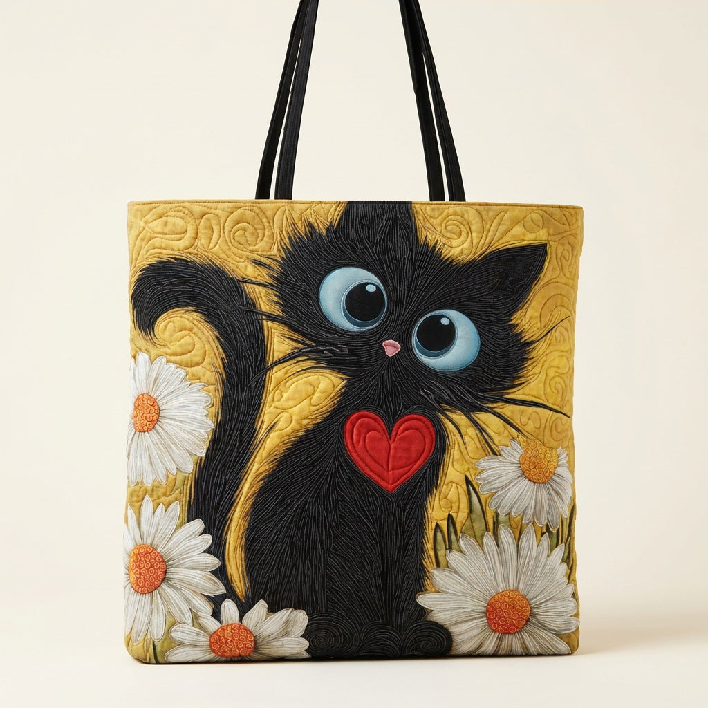 Quilted Tote Bag - Black Cat with Daisies, studio photo
