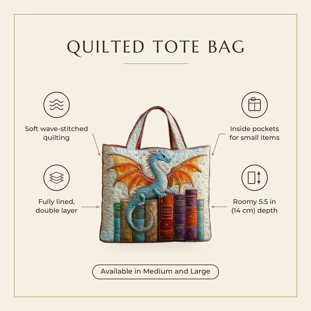 Quilted Tote Bag - Book Dragon features infographic